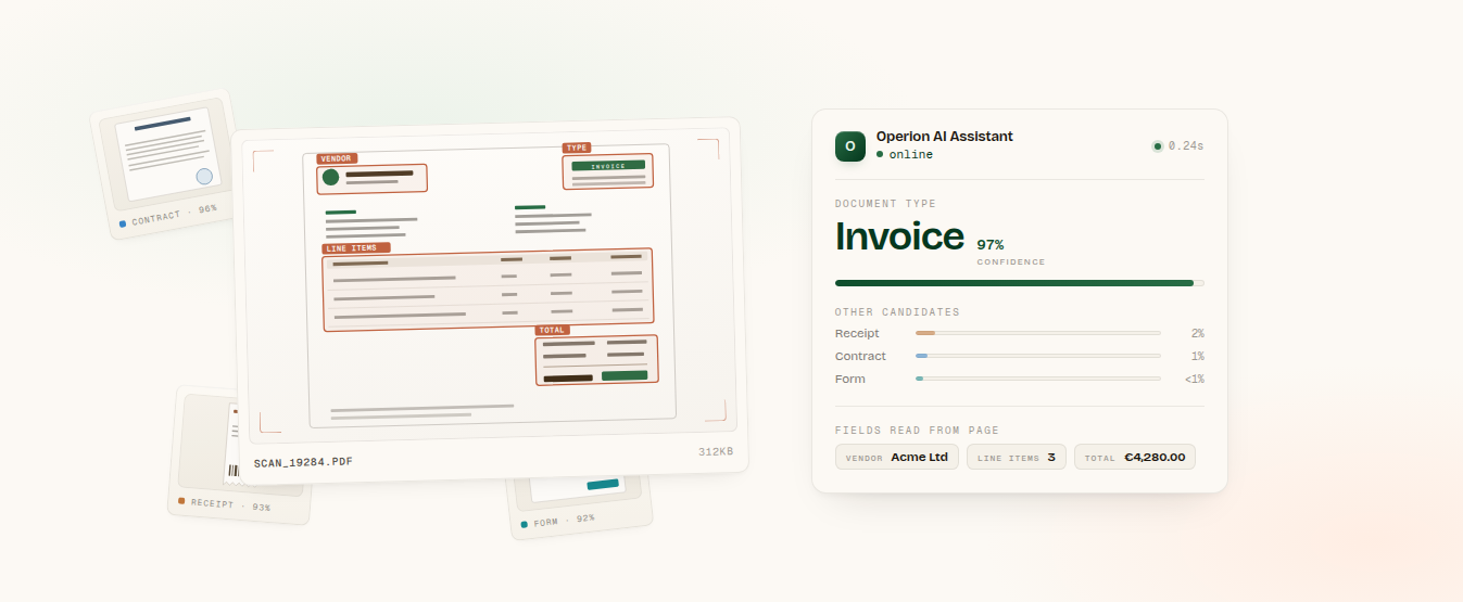 Operion AI assistant scanning a PDF document and automatically classifying it as an invoice while extracting its key fields.