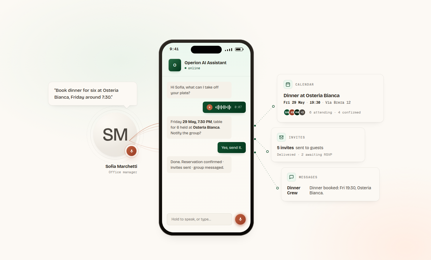 Operion AI voice assistant turning a caller's spoken restaurant booking request into a confirmed reservation, automatically synced to the calendar and CRM.